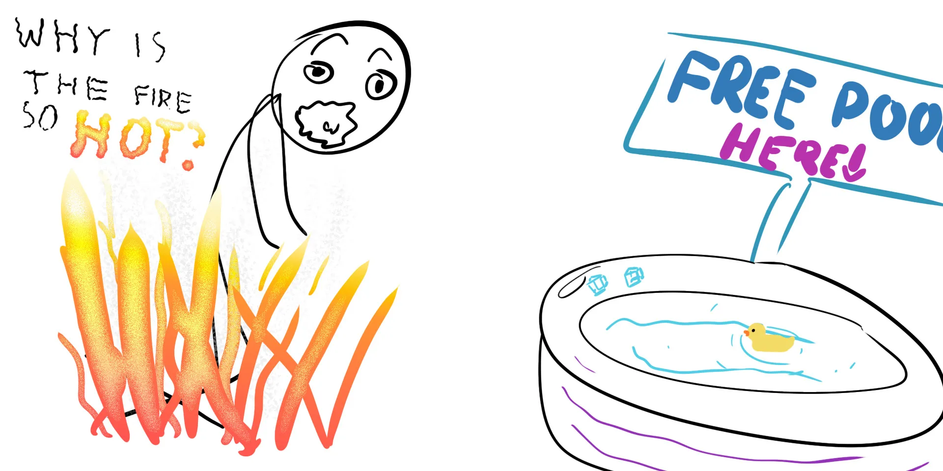 A drawing on a person sitting in a fire asking 'why is the fire so hot' next to free pool