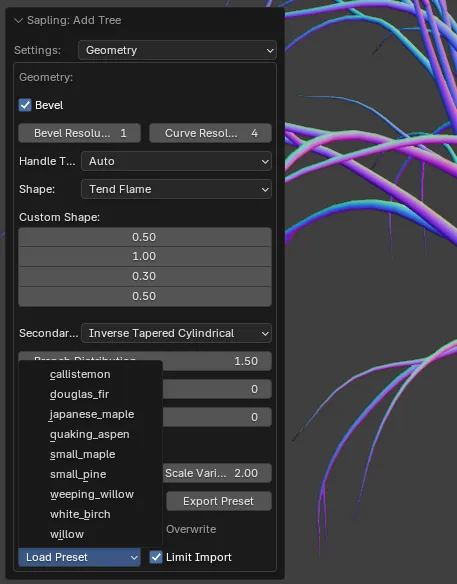 A dropdown of various tree presets