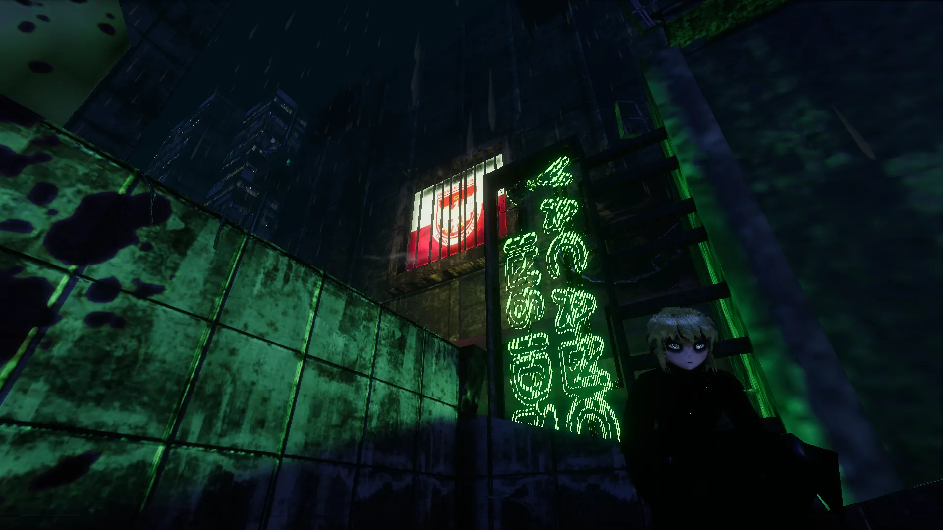 Marie sitting before a vacancy inside sign and an altered Polish flag